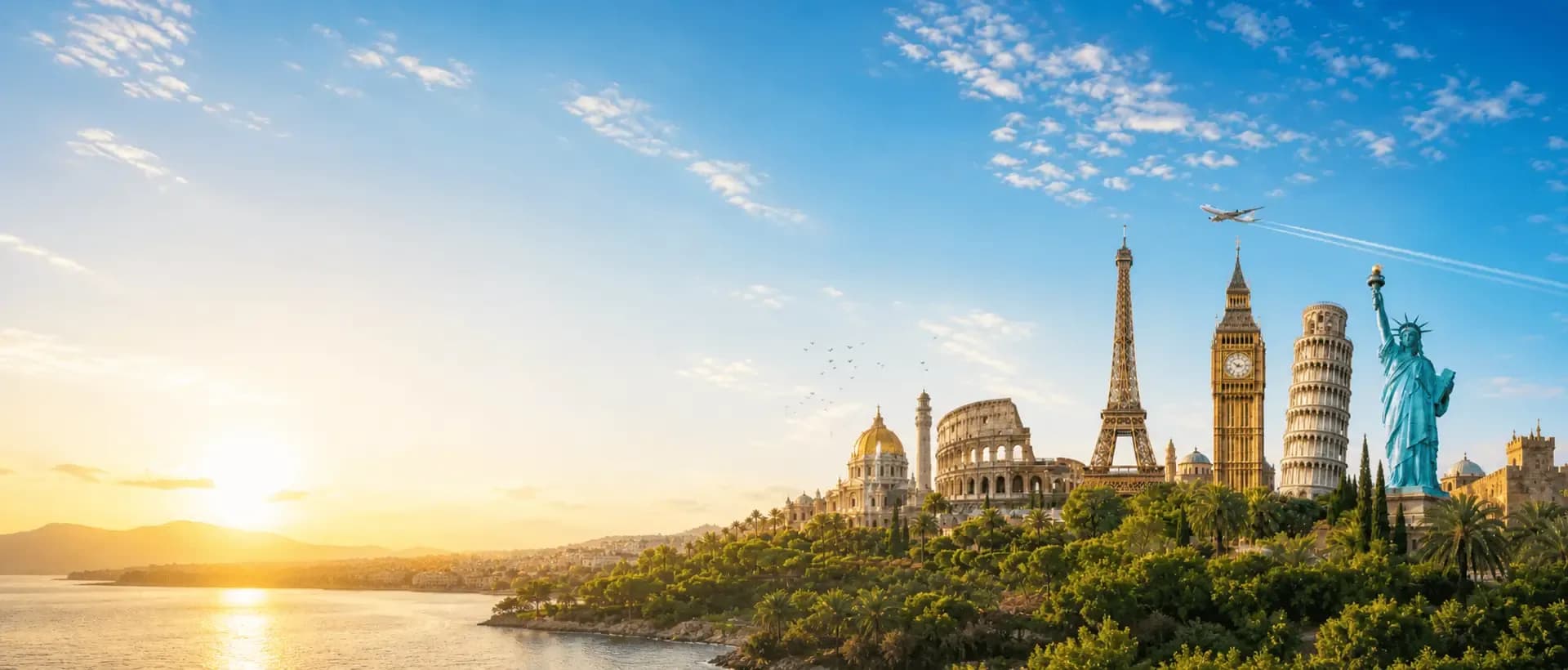 مشهد سياحي بانورامي يجمع معالم عالمية بارزة مع أفق مشمس وطائرة في السماء، يرمز إلى رحلات السفر حول العالم مع ITC Trips.